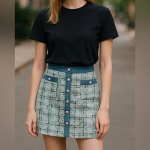 NANETTE LEPORE Blue/ Green Pearl Button Tweed Mini Skirt
